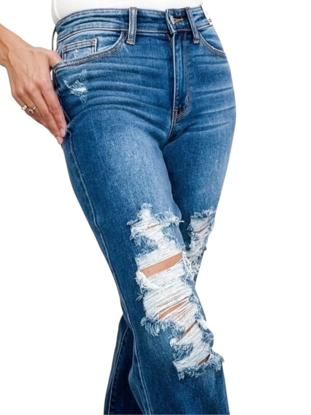 Judy Blue Dad Jeans Dark Wash Distressed Raw Hem Mid Rise Relaxed Straight NWT - Picture 10 of 15